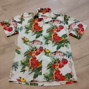 Bacardi Hawaiian Shirt Mens Small  Tropical Hula Girl Parrot Palm Tree Print USA